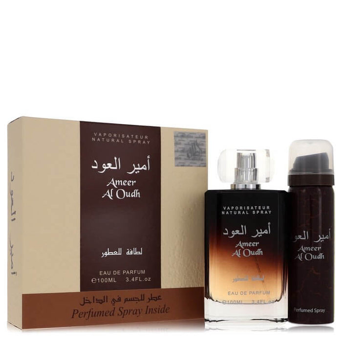 Ameer Al Oudh by Lattafa Gift Set -- 3.4 oz Eau De Parfum Spray + 1.7 oz Perfumed Spray for Men - FirstFragrance.com